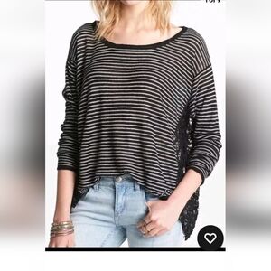 Free People Linen Blend Crochet Love Me Do Blouse Top Sz M Stripe Oversize